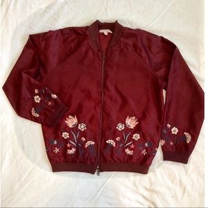 Maroon Bomber Jacket with Floral Embroidery